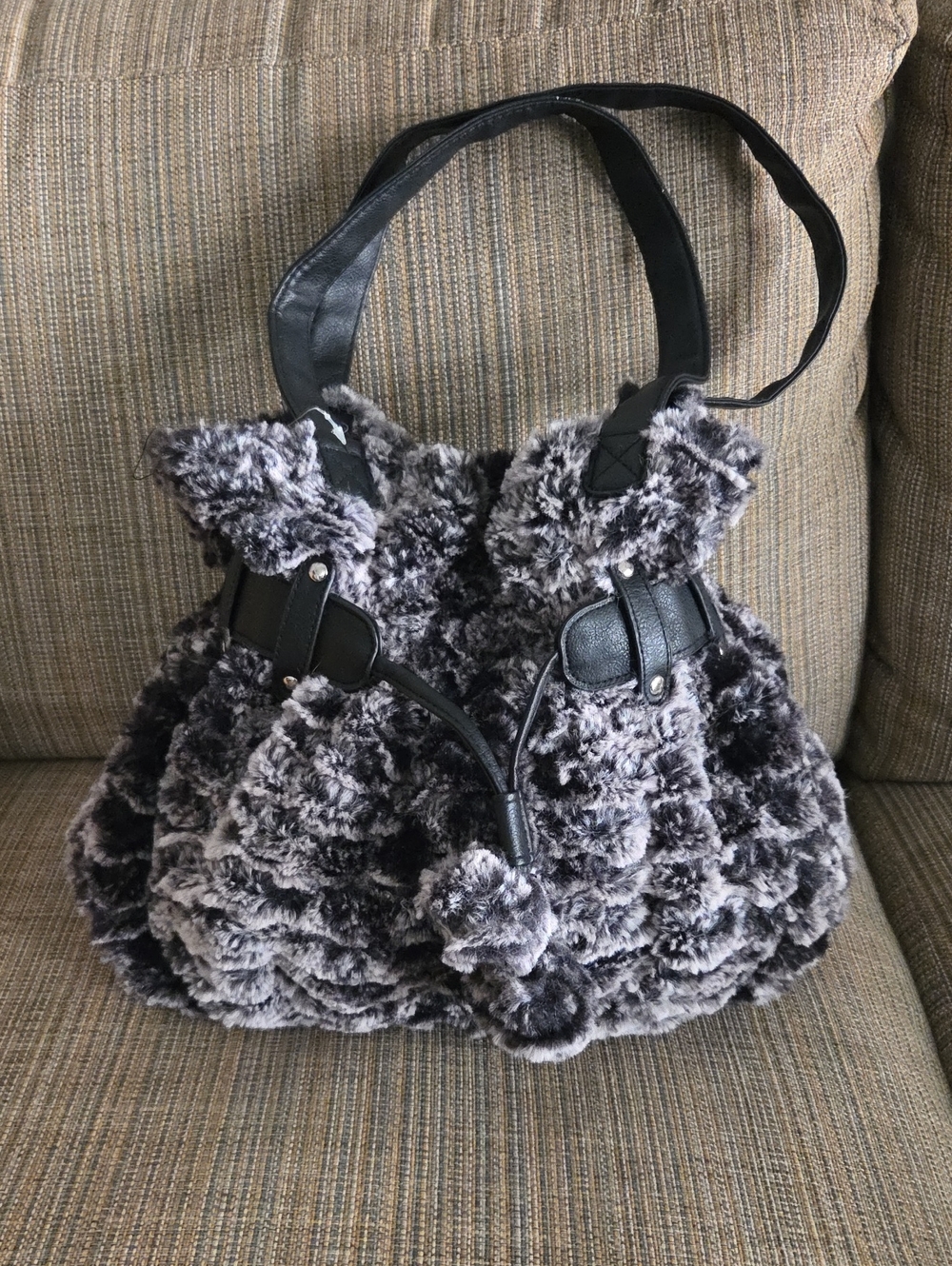 Claire's Gray Faux Fur Shoulder Bag with Black Trim